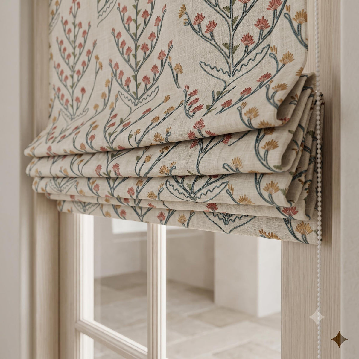 Oatmeal Linen Roman Shade, Teal Botanical Embroidered Blind, Rust Gold Floral Custom Corded Blackout Cotton Lined — image 4