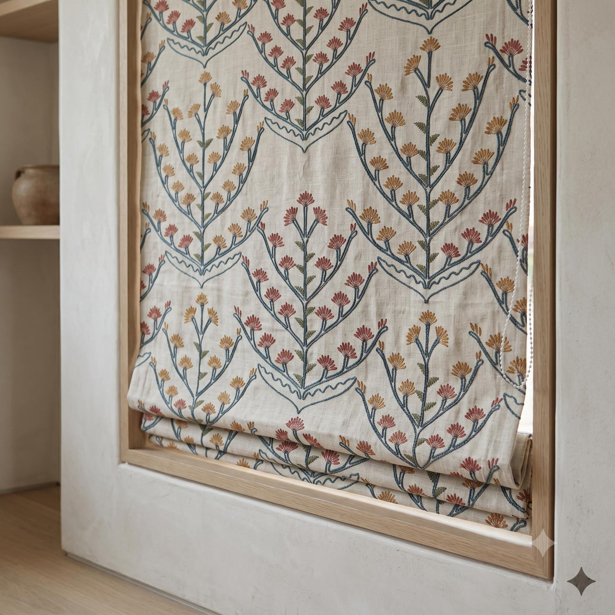 Oatmeal Linen Roman Shade, Teal Botanical Embroidered Blind, Rust Gold Floral Custom Corded Blackout Cotton Lined — image 3