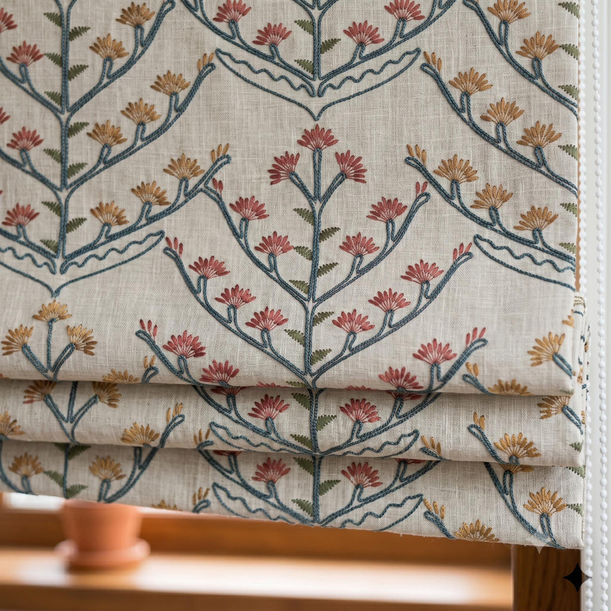 Oatmeal Linen Roman Shade, Teal Botanical Embroidered Blind, Rust Gold Floral Custom Corded Blackout Cotton Lined — image 5
