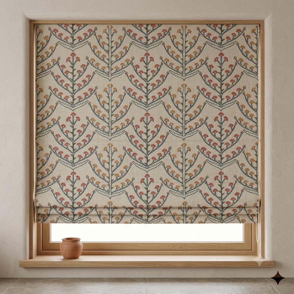 Oatmeal Linen Roman Shade, Teal Botanical Embroidered Blind, Rust Gold Floral Custom Corded Blackout Cotton Lined — image 7