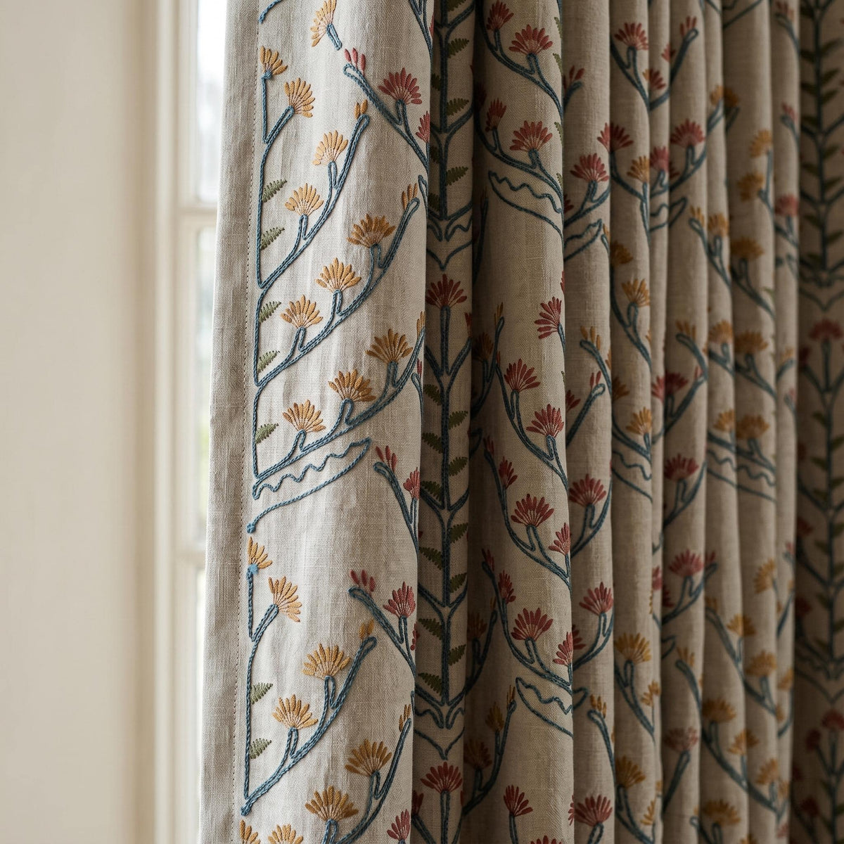 Oatmeal Linen Curtains, Teal Coral Floral Embroidered Drapes, Botanical Blackout or Cotton Lined Custom Panels — image 9