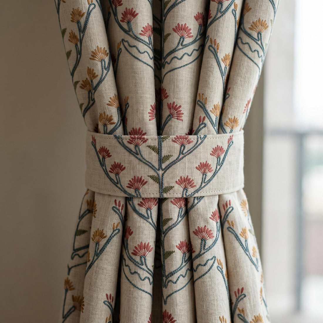 Oatmeal Linen Curtains, Teal Coral Floral Embroidered Drapes, Botanical Blackout or Cotton Lined Custom Panels — image 1