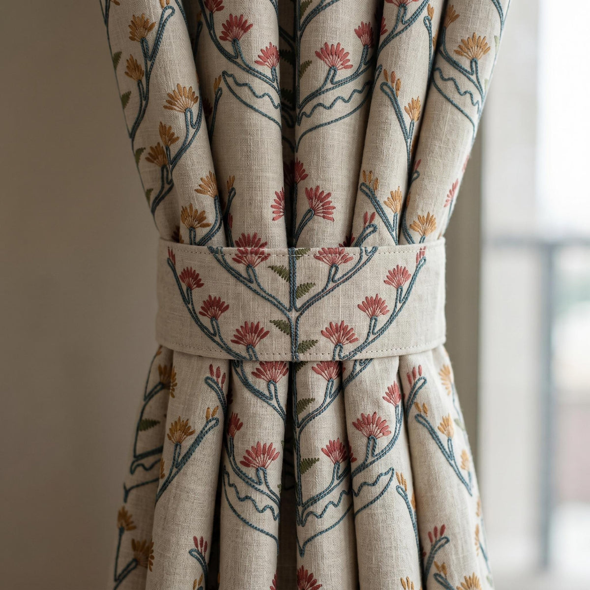 Oatmeal Linen Curtains, Teal Coral Floral Embroidered Drapes, Botanical Blackout or Cotton Lined Custom Panels — image 1