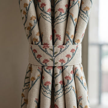 Oatmeal Linen Curtains, Teal Coral Floral Embroidered Drapes, Botanical Blackout or Cotton Lined Custom Panels — image 1