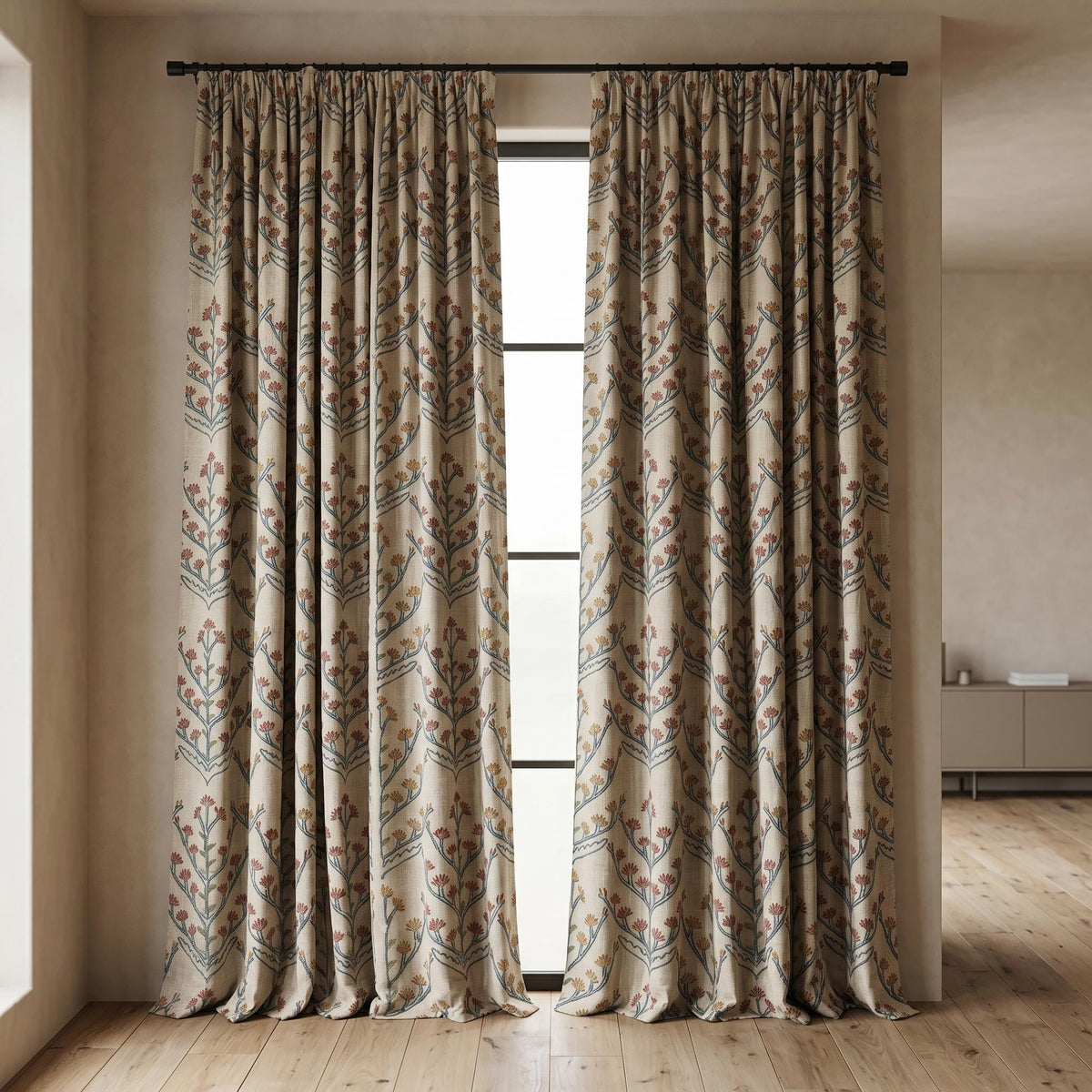 Oatmeal Linen Curtains, Teal Coral Floral Embroidered Drapes, Botanical Blackout or Cotton Lined Custom Panels — image 4