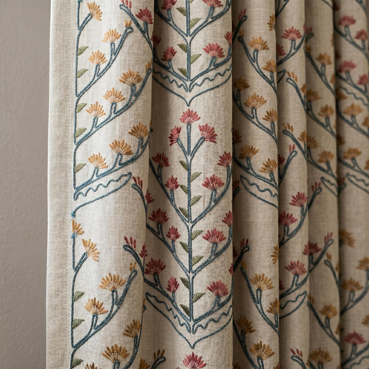 Oatmeal Linen Curtains, Teal Coral Floral Embroidered Drapes, Botanical Blackout or Cotton Lined Custom Panels — image 5