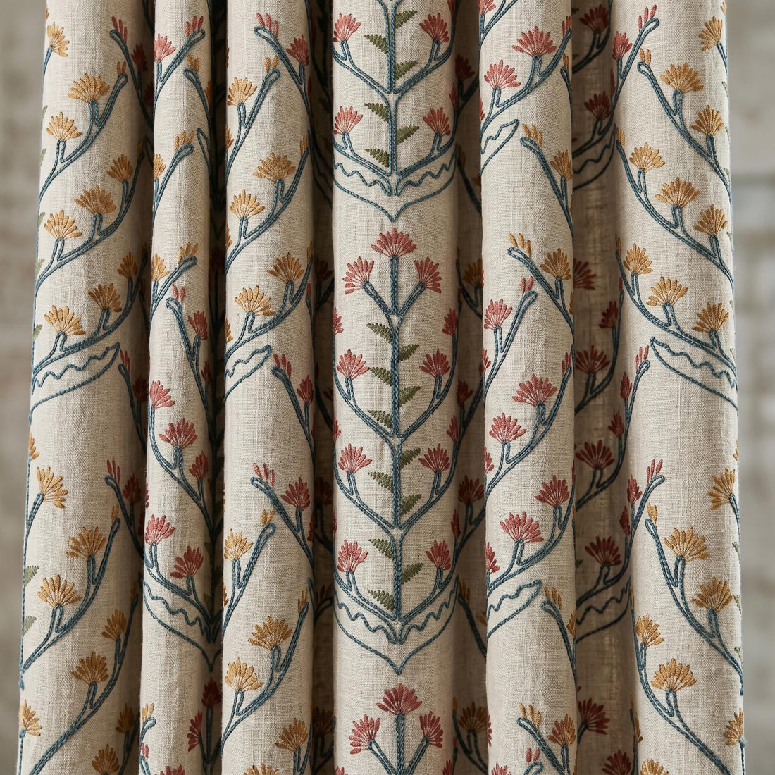 Oatmeal Linen Curtains, Teal Coral Floral Embroidered Drapes, Botanical Blackout or Cotton Lined Custom Panels — image 1
