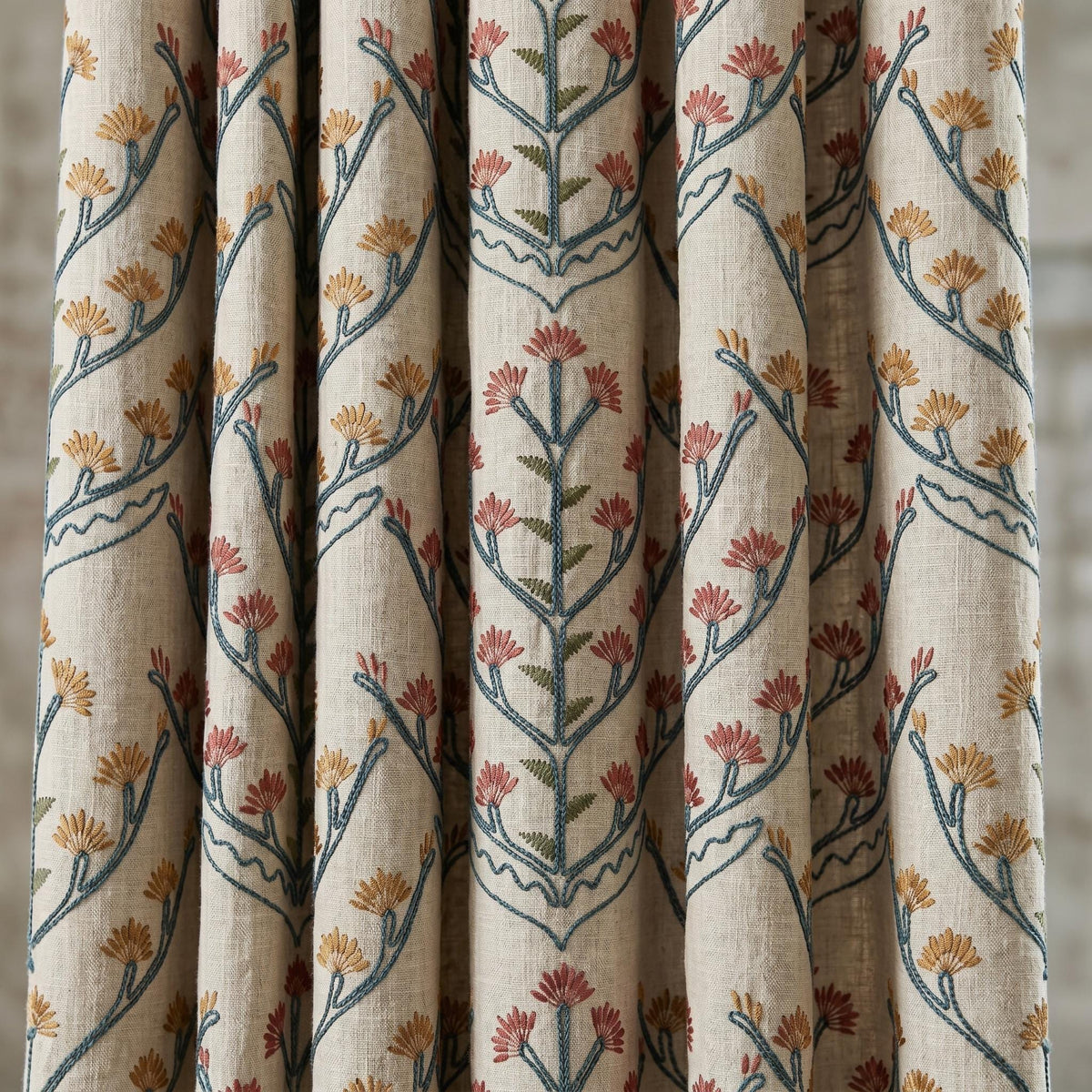 Oatmeal Linen Curtains, Teal Coral Floral Embroidered Drapes, Botanical Blackout or Cotton Lined Custom Panels — image 2