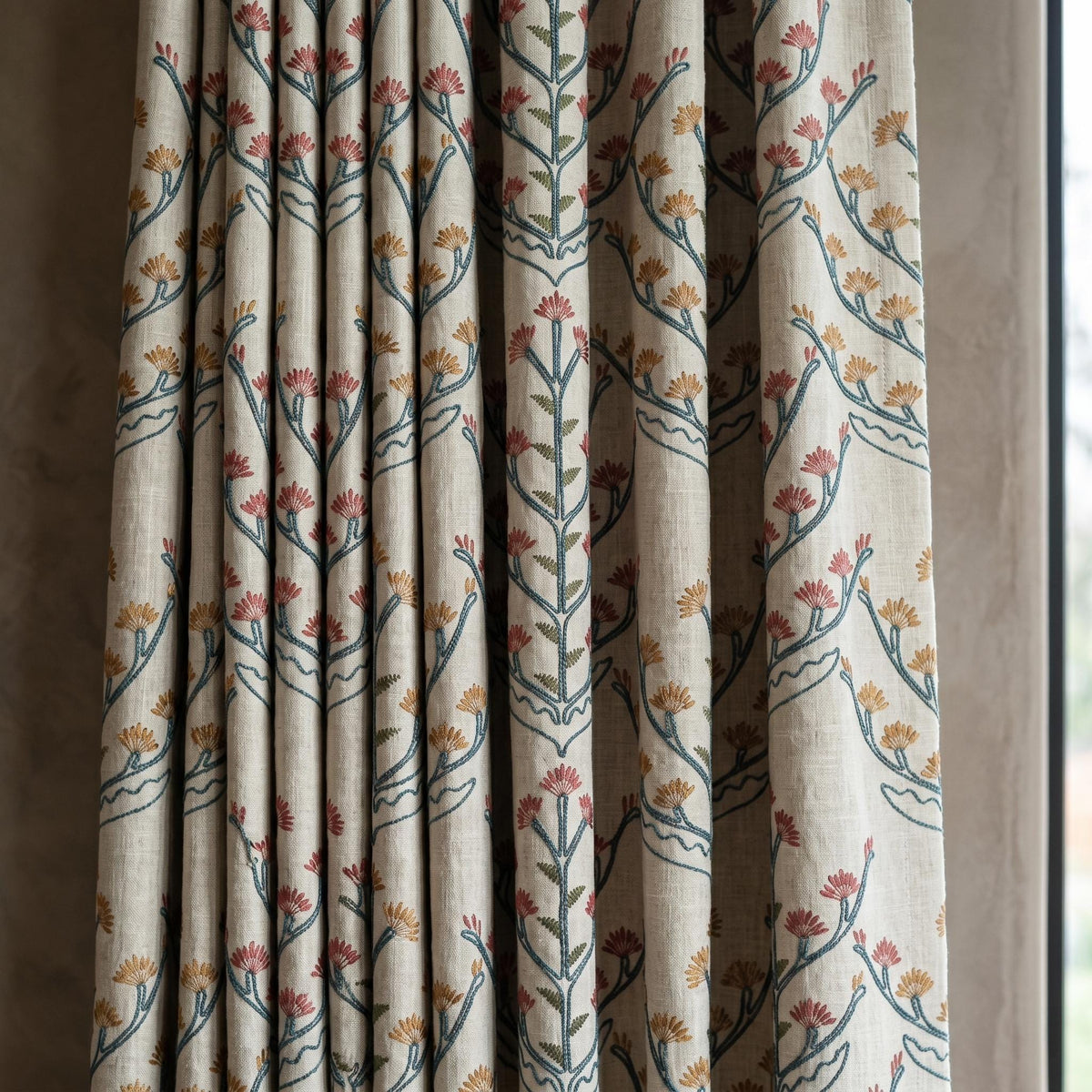 Oatmeal Linen Curtains, Teal Coral Floral Embroidered Drapes, Botanical Blackout or Cotton Lined Custom Panels — image 8