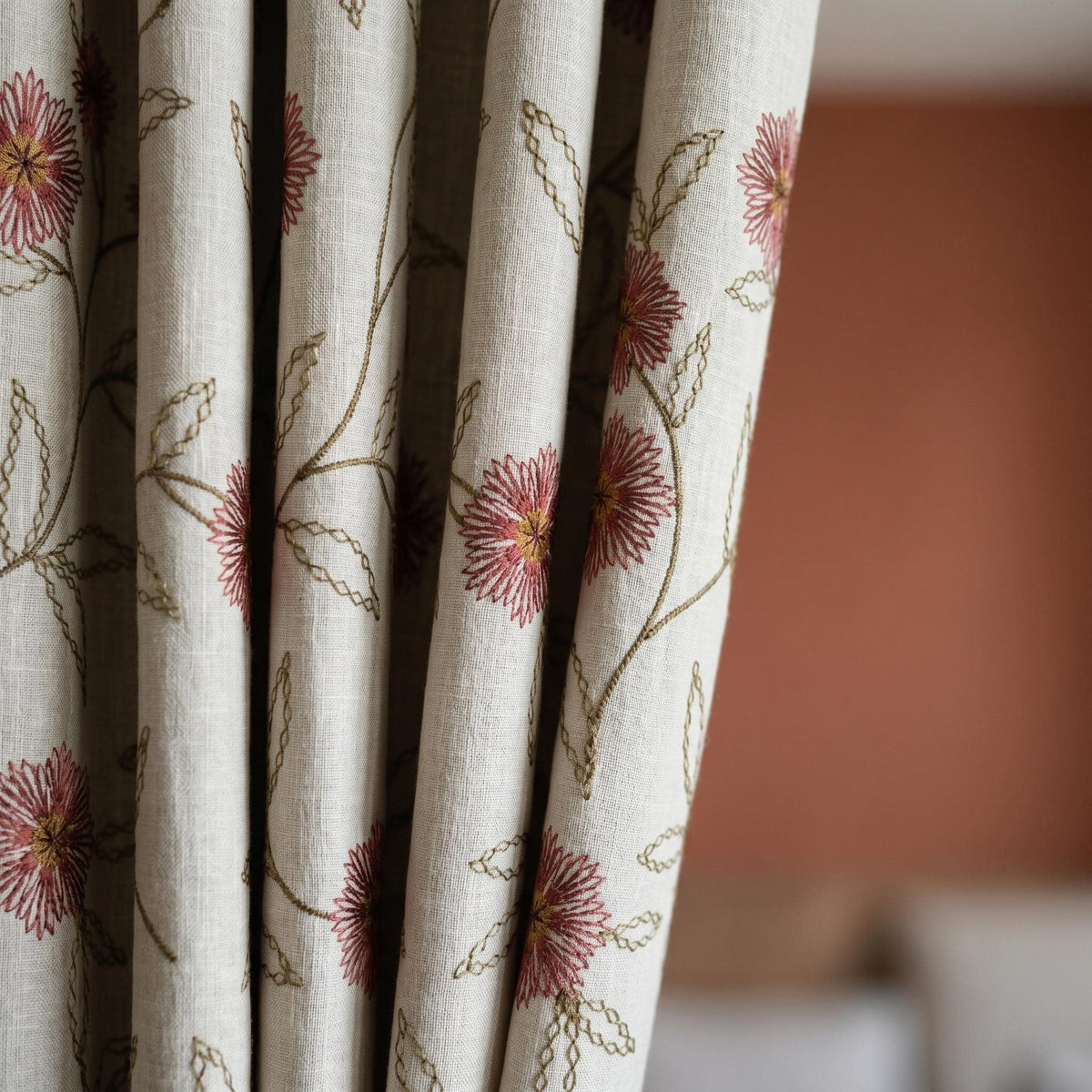 Oatmeal Linen Curtains, Rose Pink Floral Vine Embroidered Drapes, Blackout or Cotton Lined Custom Panels — image 3