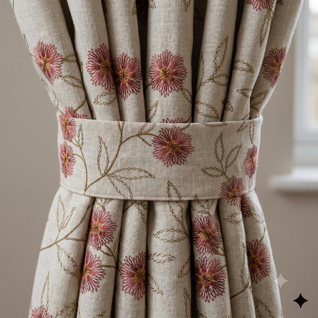 Oatmeal Linen Curtains, Rose Pink Floral Vine Embroidered Drapes, Blackout or Cotton Lined Custom Panels — image 1
