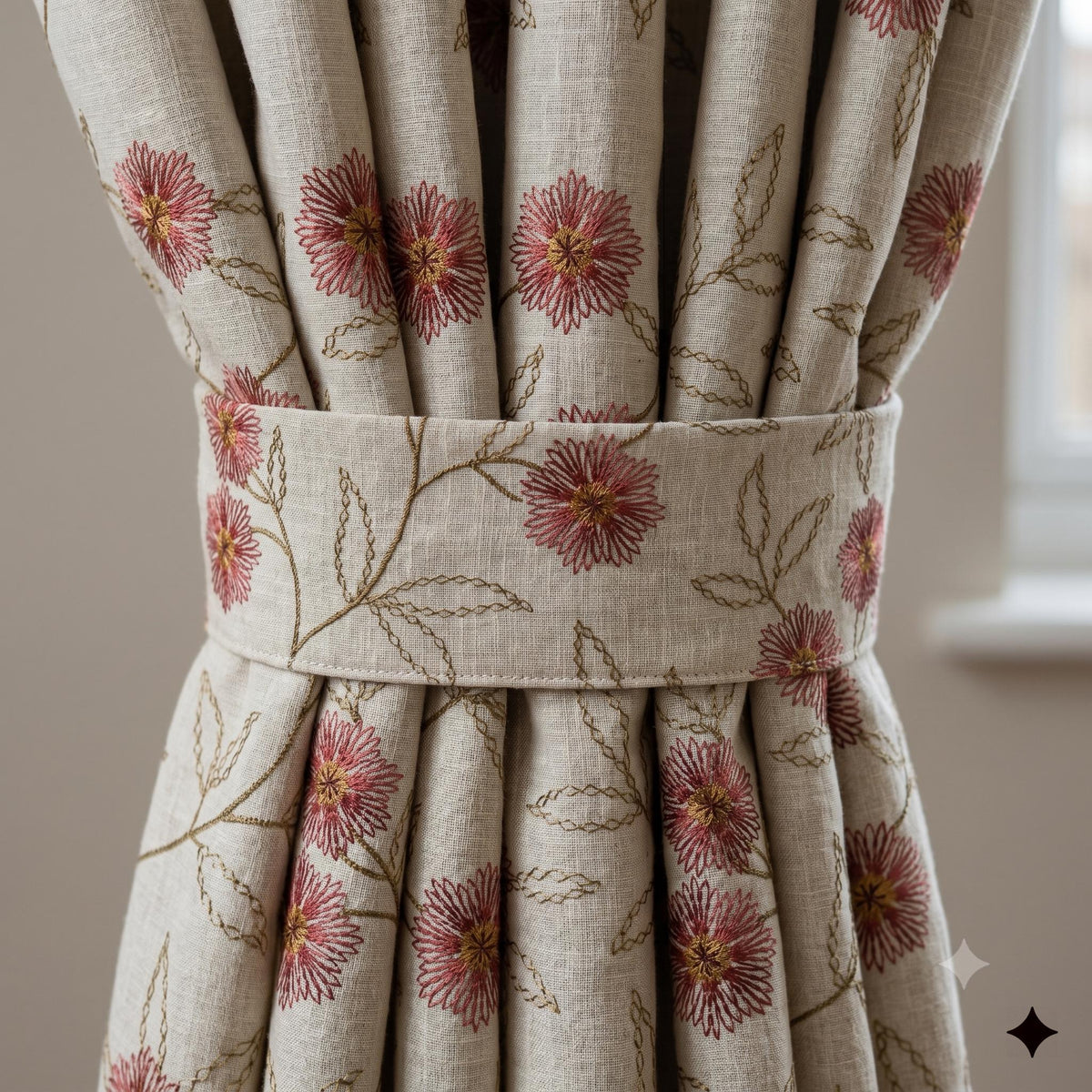 Oatmeal Linen Curtains, Rose Pink Floral Vine Embroidered Drapes, Blackout or Cotton Lined Custom Panels — image 2
