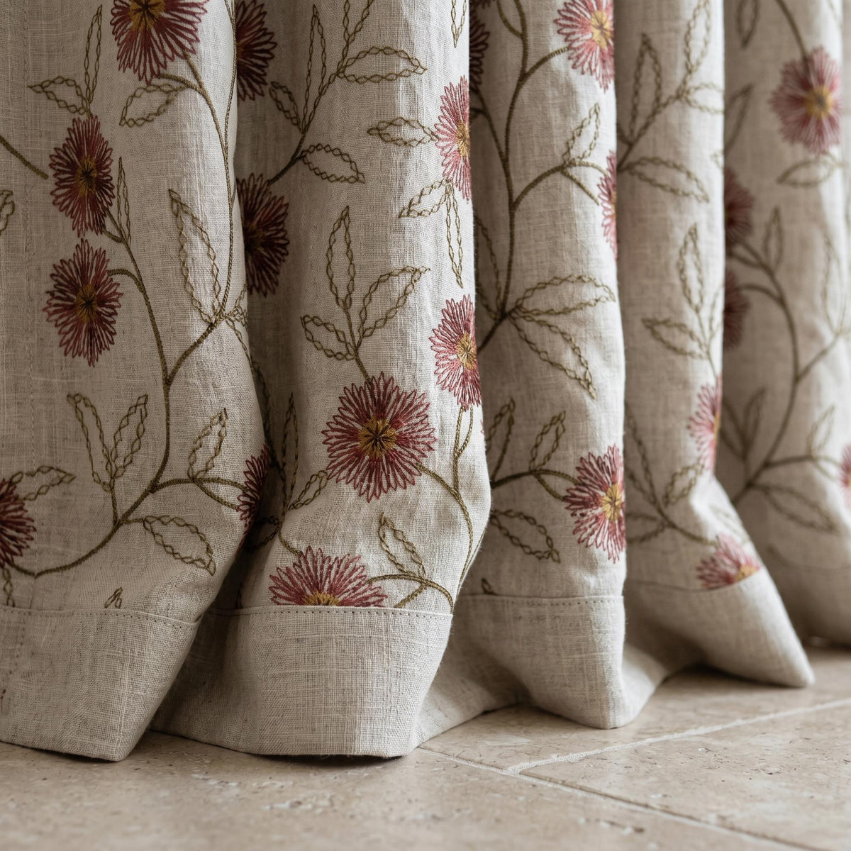 Oatmeal Linen Curtains, Rose Pink Floral Vine Embroidered Drapes, Blackout or Cotton Lined Custom Panels — image 9