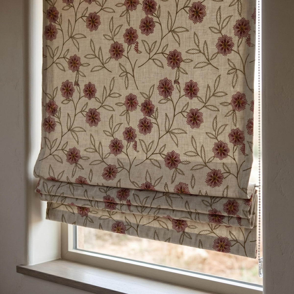 Oatmeal Linen Roman Shade, Rust Red Floral Embroidered Blind, Custom Corded Botanical Blackout or Cotton Lined — image 3