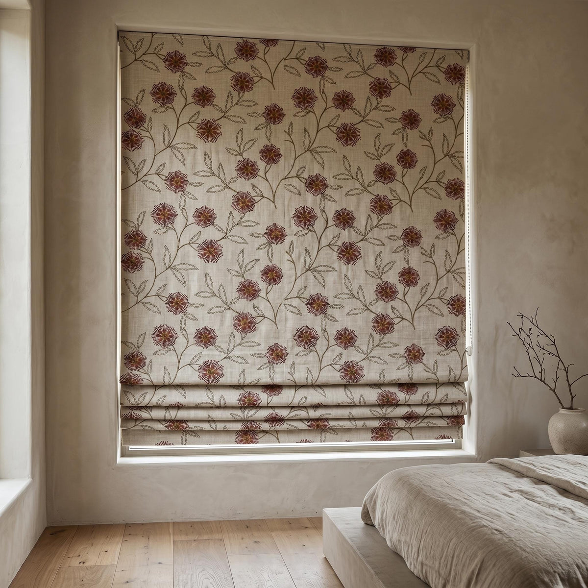 Oatmeal Linen Roman Shade, Rust Red Floral Embroidered Blind, Custom Corded Botanical Blackout or Cotton Lined — image 6
