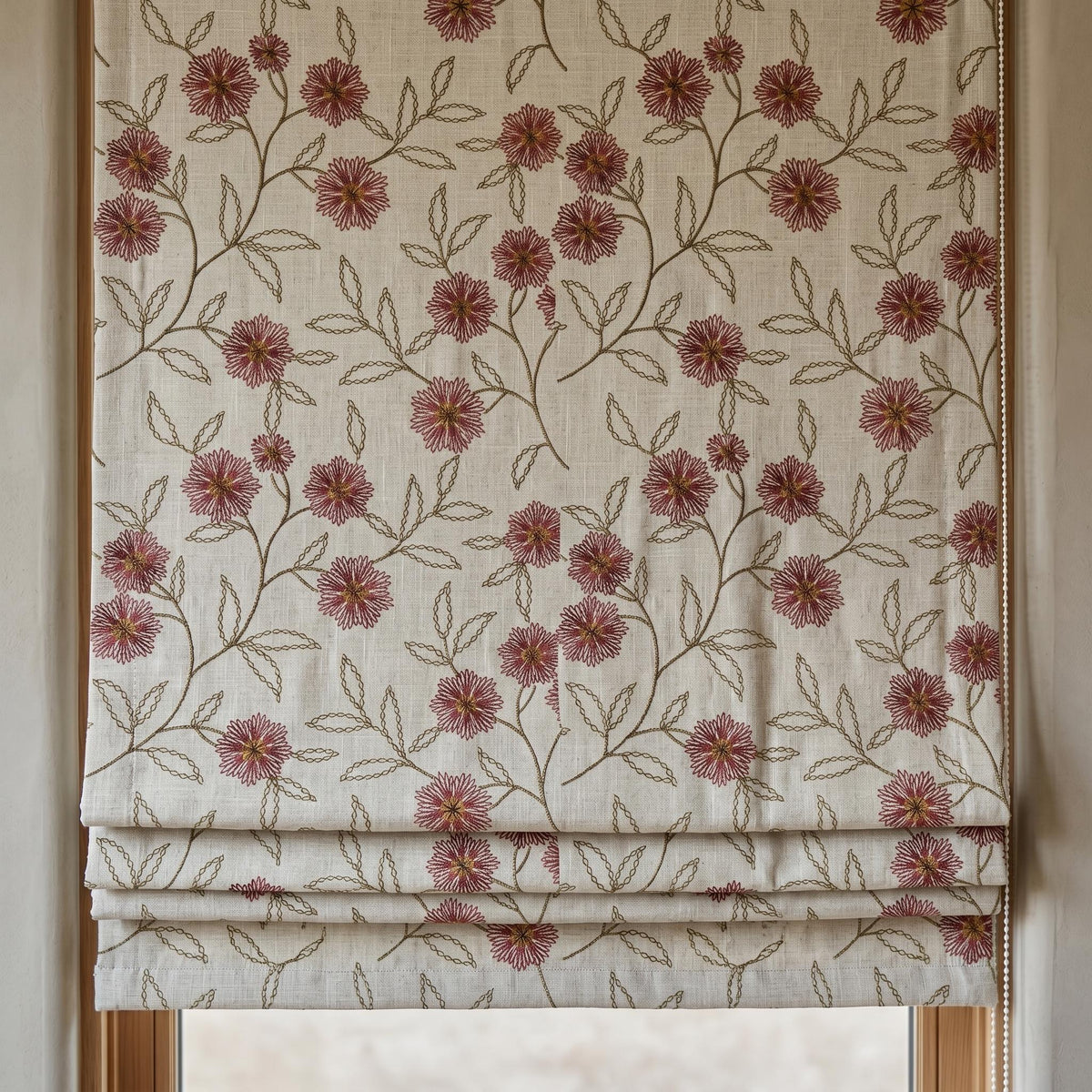 Oatmeal Linen Roman Shade, Rust Red Floral Embroidered Blind, Custom Corded Botanical Blackout or Cotton Lined — image 7
