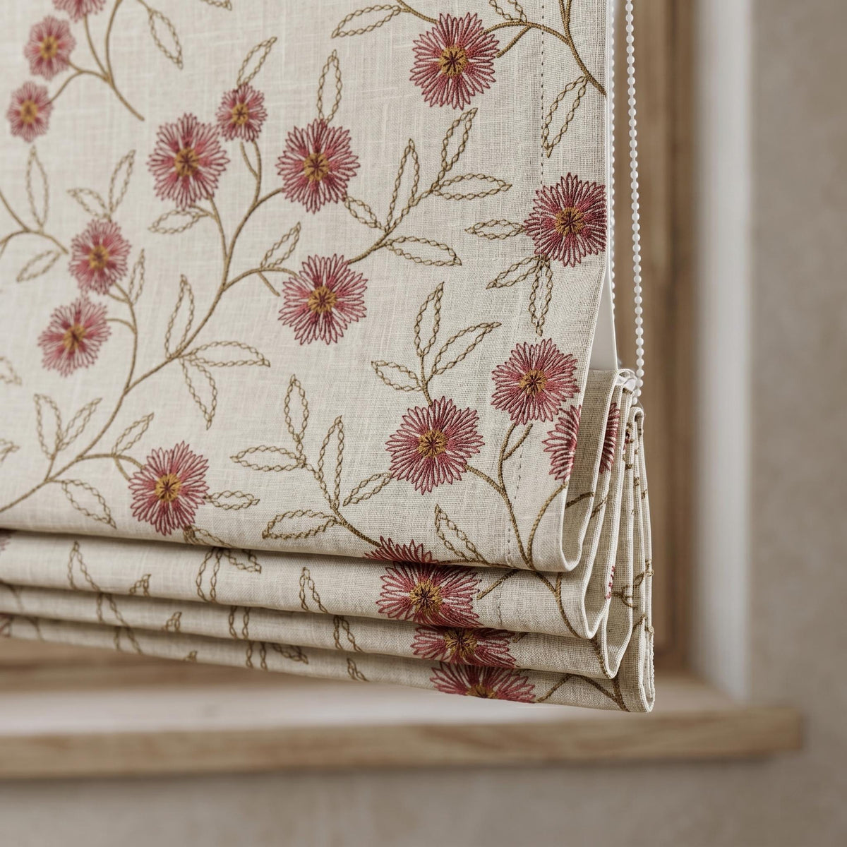 Oatmeal Linen Roman Shade, Rust Red Floral Embroidered Blind, Custom Corded Botanical Blackout or Cotton Lined — image 1
