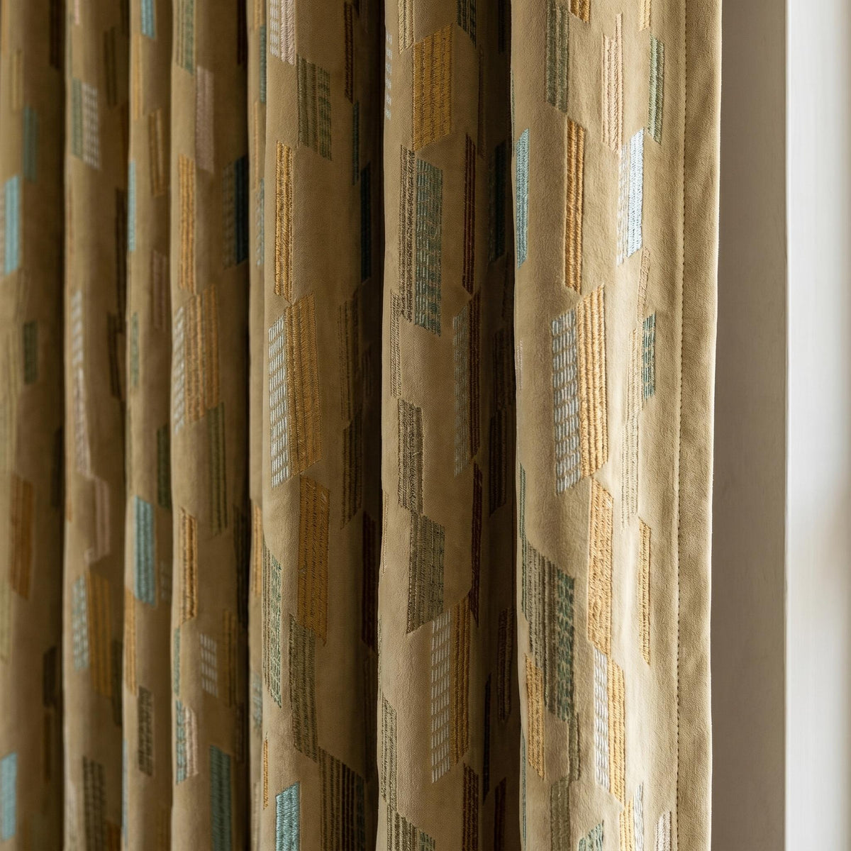 Antique Gold Velvet Curtains, Aqua Sage Geometric Embroidered Drapes, Blackout or Cotton Lined Custom Panels — image 1