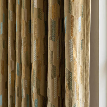 Antique Gold Velvet Curtains, Aqua Sage Geometric Embroidered Drapes, Blackout or Cotton Lined Custom Panels — image 1