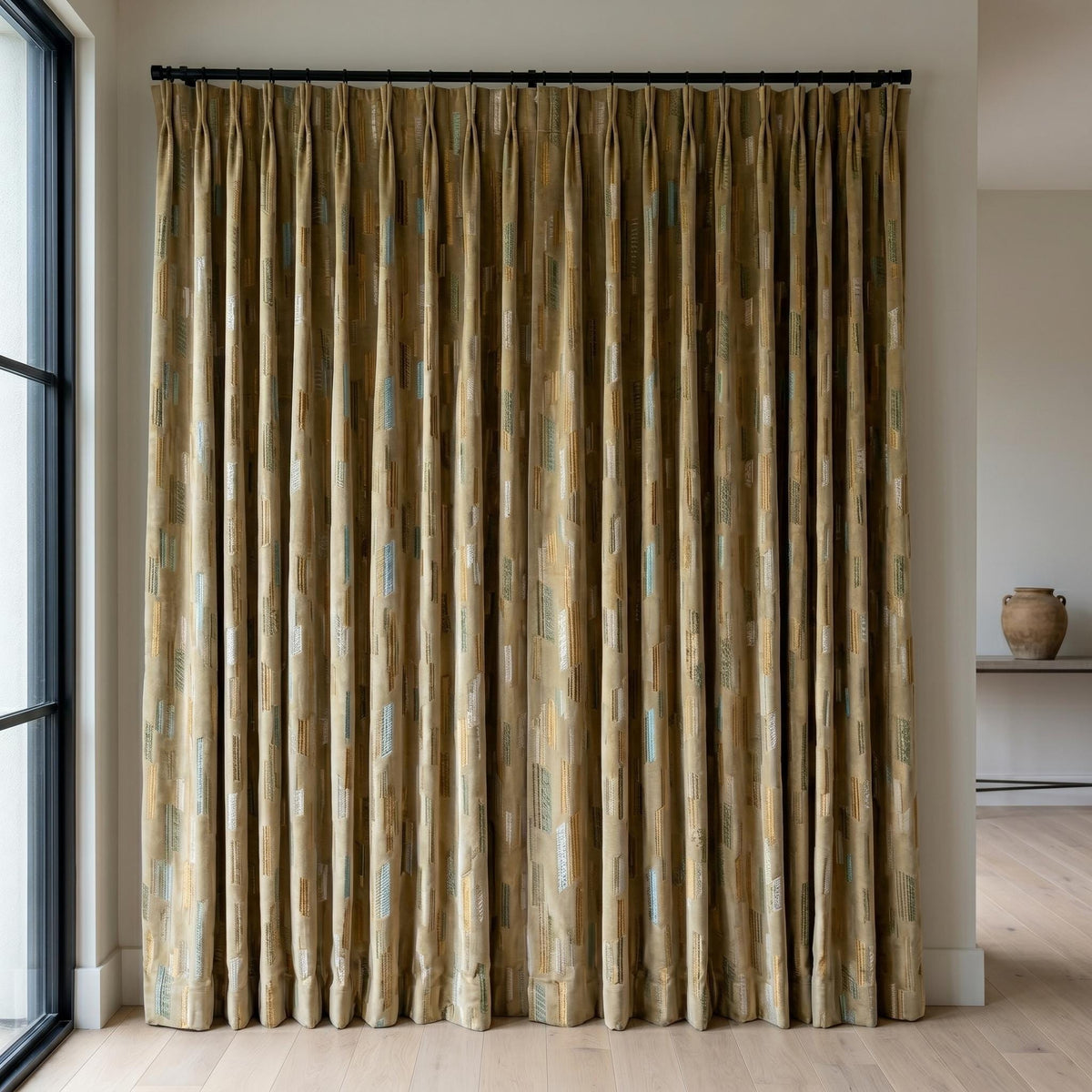 Antique Gold Velvet Curtains, Aqua Sage Geometric Embroidered Drapes, Blackout or Cotton Lined Custom Panels — image 7