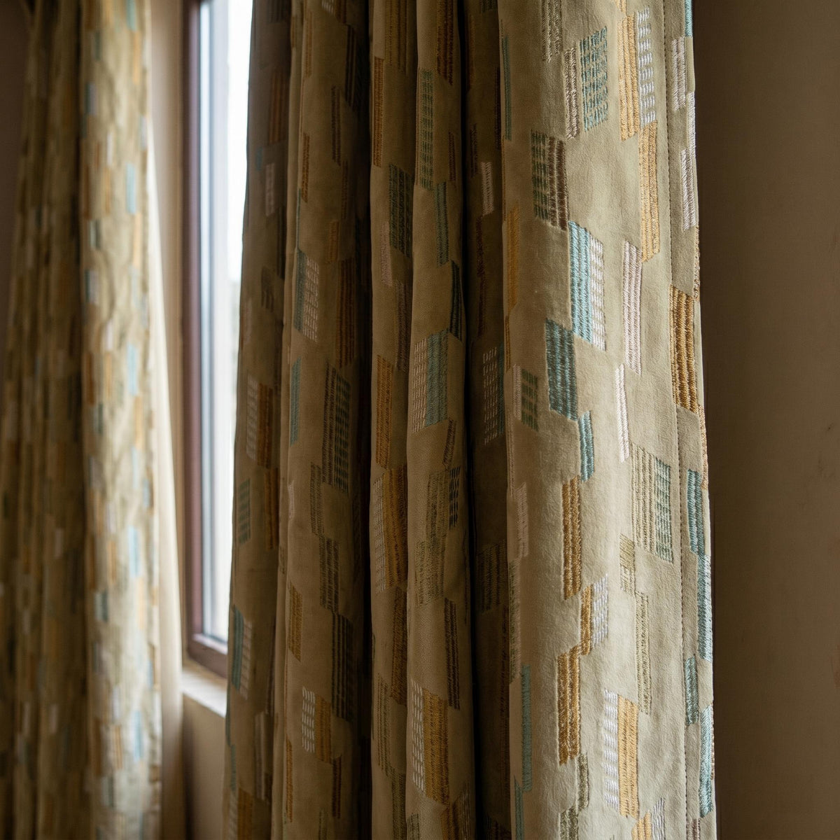 Antique Gold Velvet Curtains, Aqua Sage Geometric Embroidered Drapes, Blackout or Cotton Lined Custom Panels — image 8