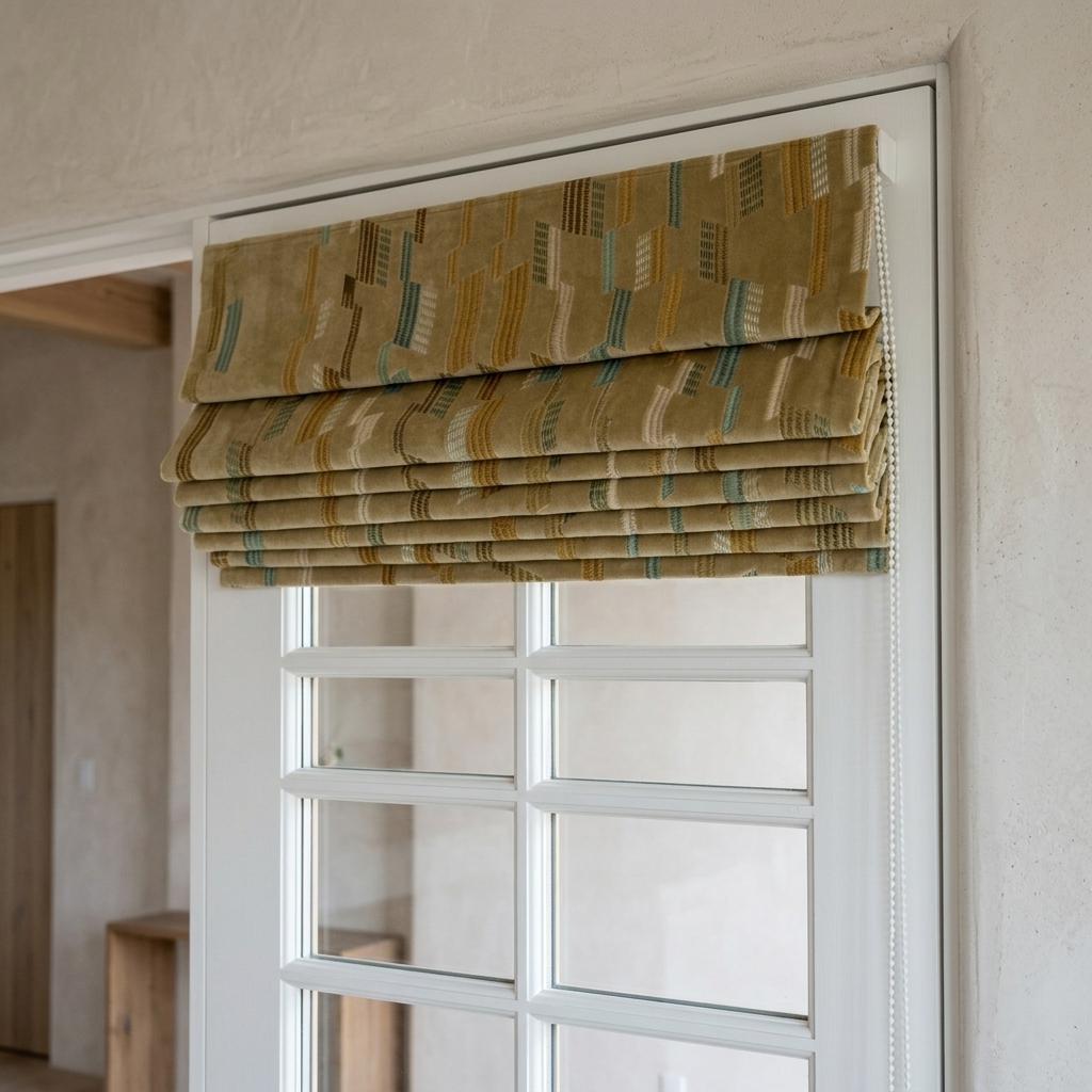 Custom Velvet Roman Shade, Golden Beige Embroidered Geometric Blind, Mustard Aqua Ivory Blackout Window Treatment — image 4