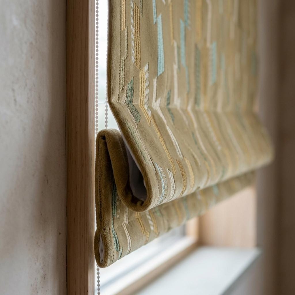 Custom Velvet Roman Shade, Golden Beige Embroidered Geometric Blind, Mustard Aqua Ivory Blackout Window Treatment — image 3