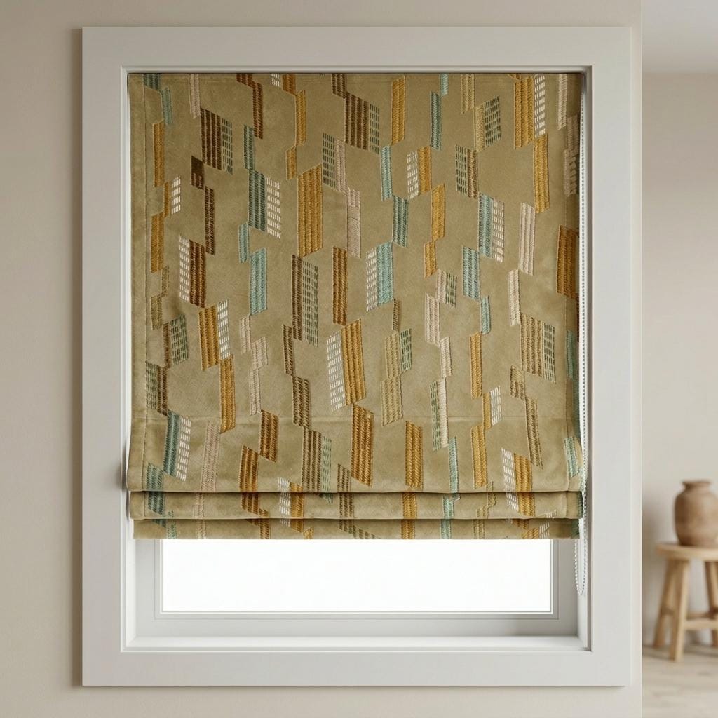 Custom Velvet Roman Shade, Golden Beige Embroidered Geometric Blind, Mustard Aqua Ivory Blackout Window Treatment — image 7