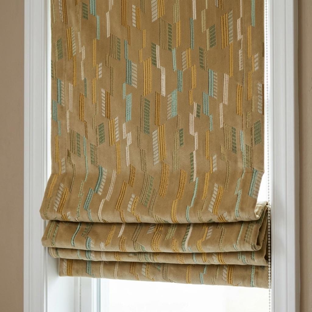 Custom Velvet Roman Shade, Golden Beige Embroidered Geometric Blind, Mustard Aqua Ivory Blackout Window Treatment — image 5
