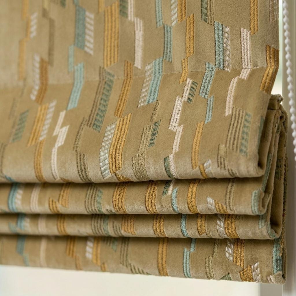 Custom Velvet Roman Shade, Golden Beige Embroidered Geometric Blind, Mustard Aqua Ivory Blackout Window Treatment — image 1