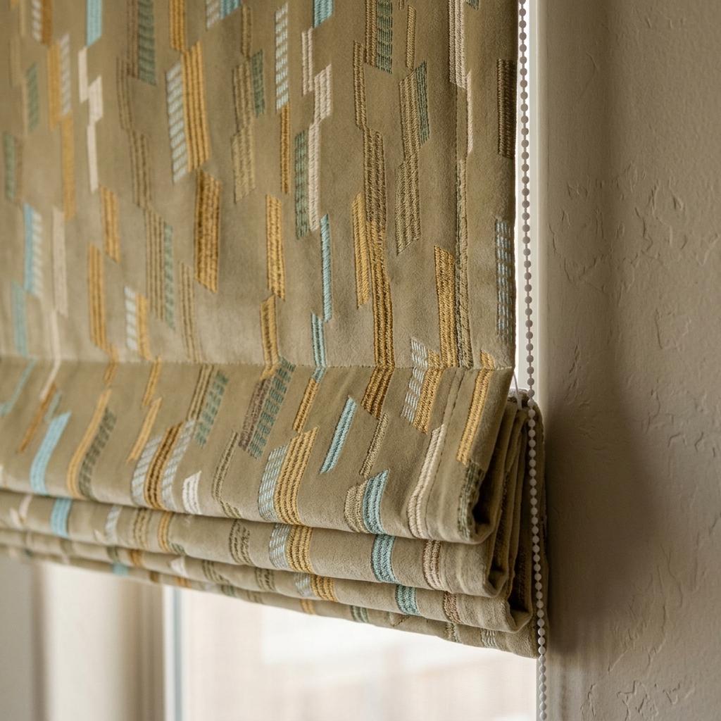 Custom Velvet Roman Shade, Golden Beige Embroidered Geometric Blind, Mustard Aqua Ivory Blackout Window Treatment — image 6