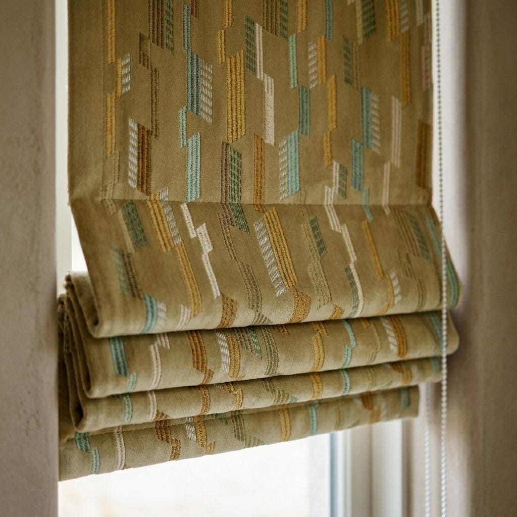 Custom Velvet Roman Shade, Golden Beige Embroidered Geometric Blind, Mustard Aqua Ivory Blackout Window Treatment — image 2