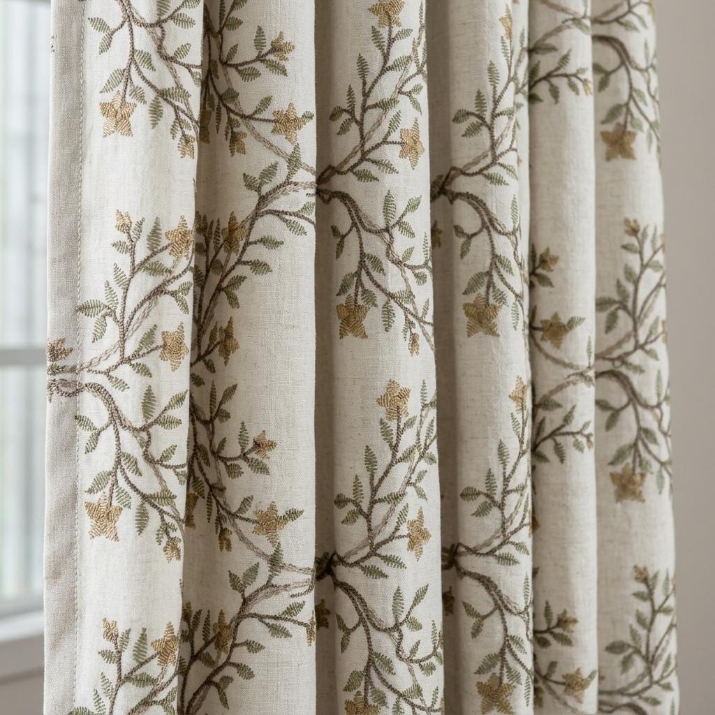 Ivory Linen Curtains, Sage Beige Floral Vine Embroidered Drapes, Botanical Blackout or Cotton Lined Custom Panels — image 1