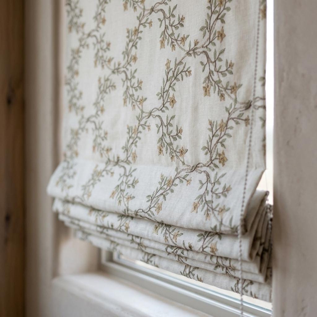 Ivory Embroidered Linen Roman Shade, Sage Gold Botanical Vine Blind, Custom Corded Blackout or Cotton Lined — image 6
