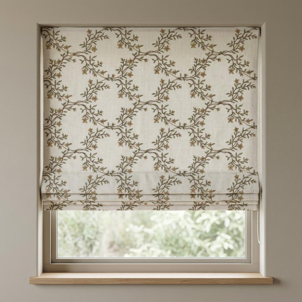 Ivory Embroidered Linen Roman Shade, Sage Gold Botanical Vine Blind, Custom Corded Blackout or Cotton Lined — image 8