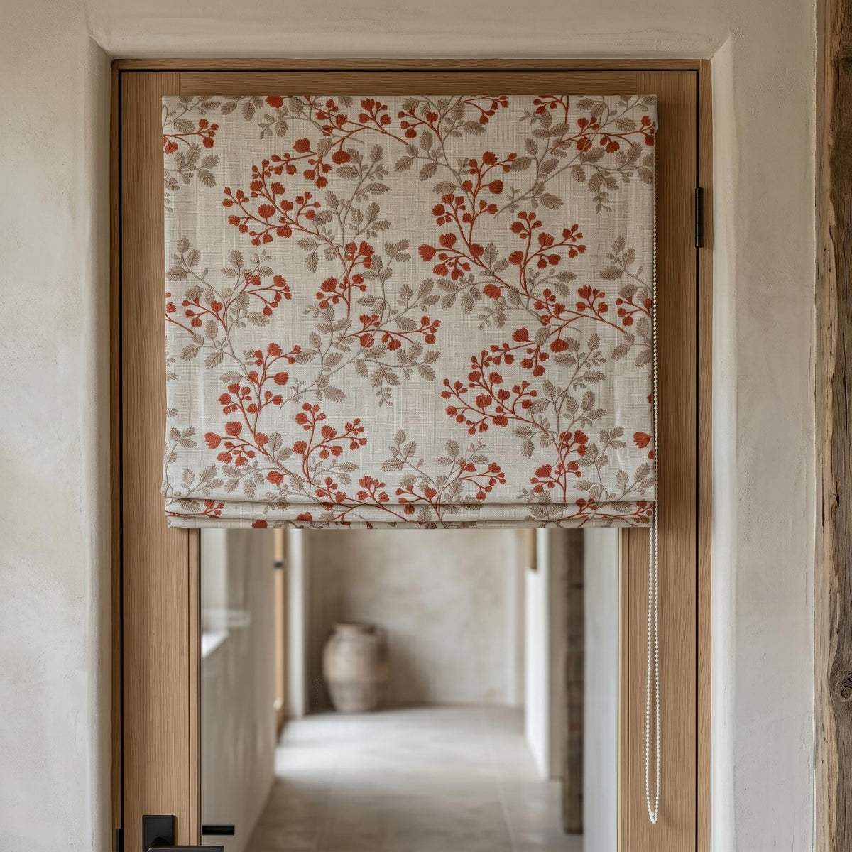 Natural Oatmeal Linen Roman Shade, Rust Red Botanical Leaf Embroidered Blind, Custom Corded Blackout Cotton Lined — image 4