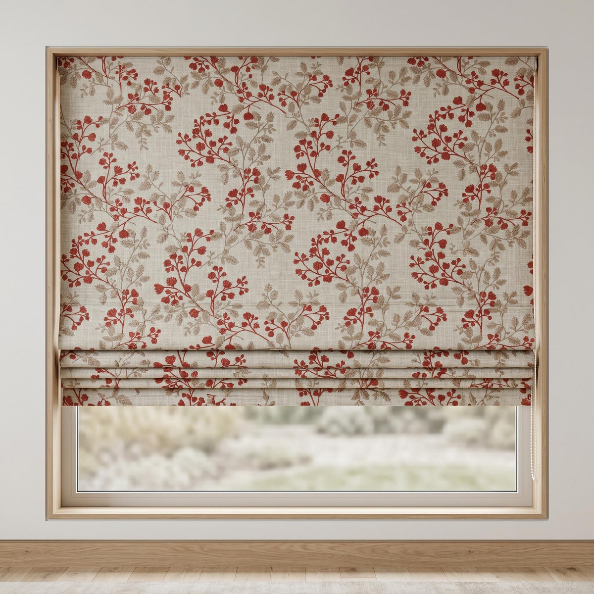 Natural Oatmeal Linen Roman Shade, Rust Red Botanical Leaf Embroidered Blind, Custom Corded Blackout Cotton Lined — image 5