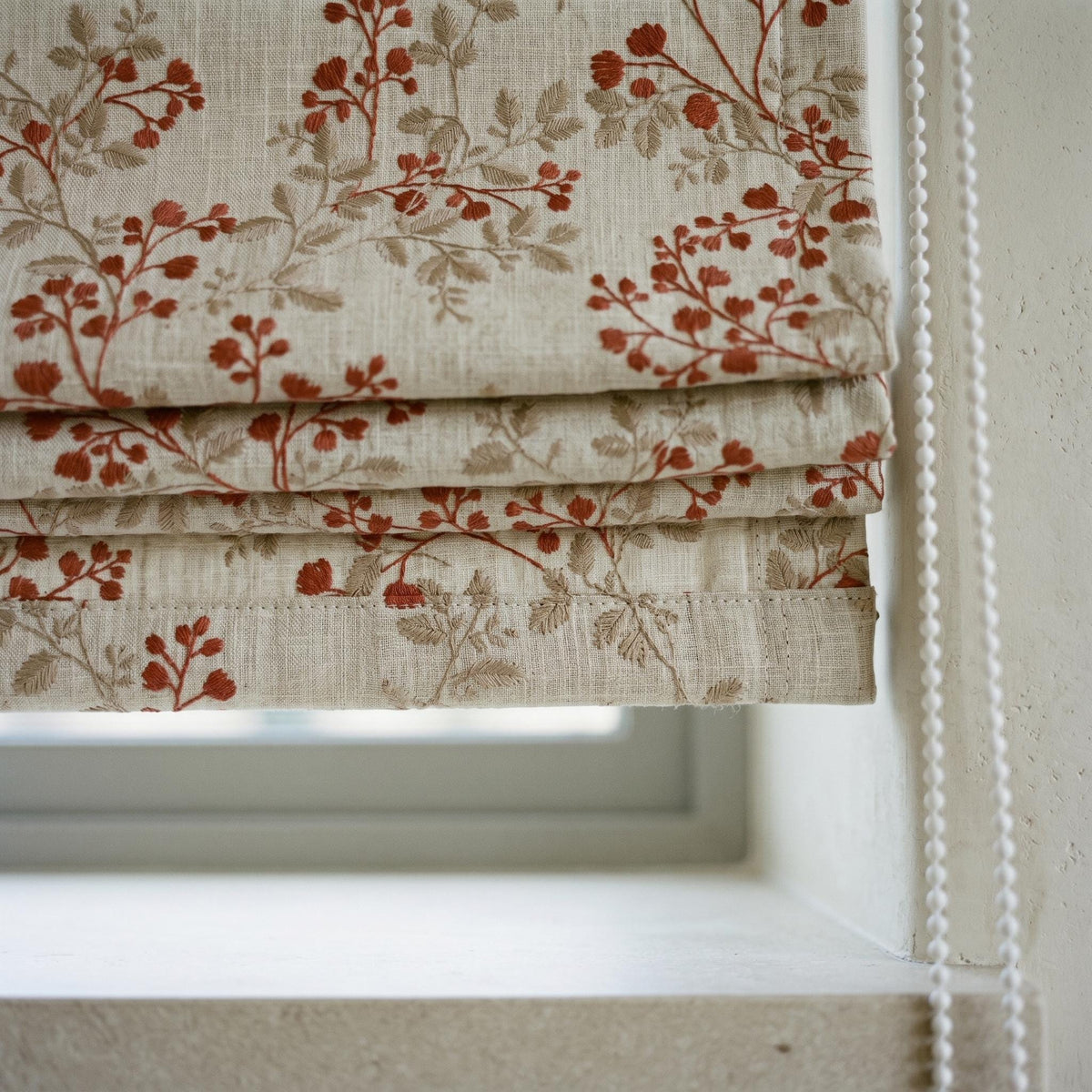 Natural Oatmeal Linen Roman Shade, Rust Red Botanical Leaf Embroidered Blind, Custom Corded Blackout Cotton Lined — image 6
