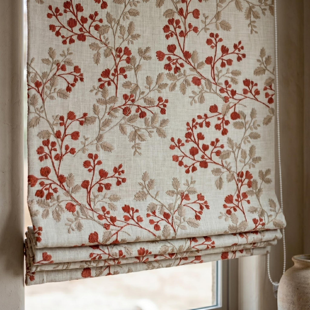 Natural Oatmeal Linen Roman Shade, Rust Red Botanical Leaf Embroidered Blind, Custom Corded Blackout Cotton Lined — image 7