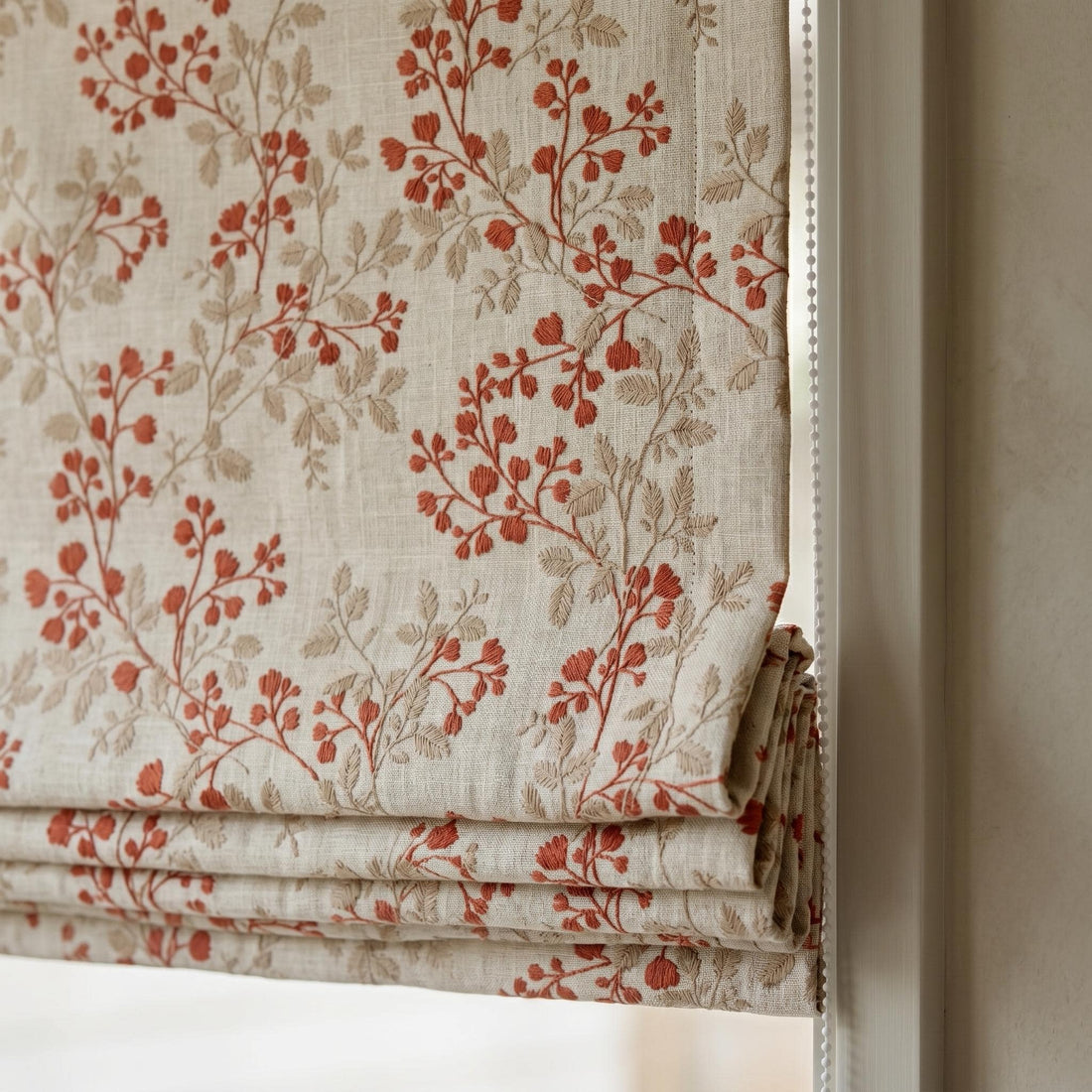 Natural Oatmeal Linen Roman Shade, Rust Red Botanical Leaf Embroidered Blind, Custom Corded Blackout Cotton Lined — image 1