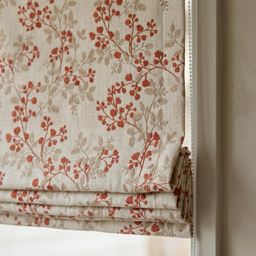Natural Oatmeal Linen Roman Shade, Rust Red Botanical Leaf Embroidered Blind, Custom Corded Blackout Cotton Lined — image 1