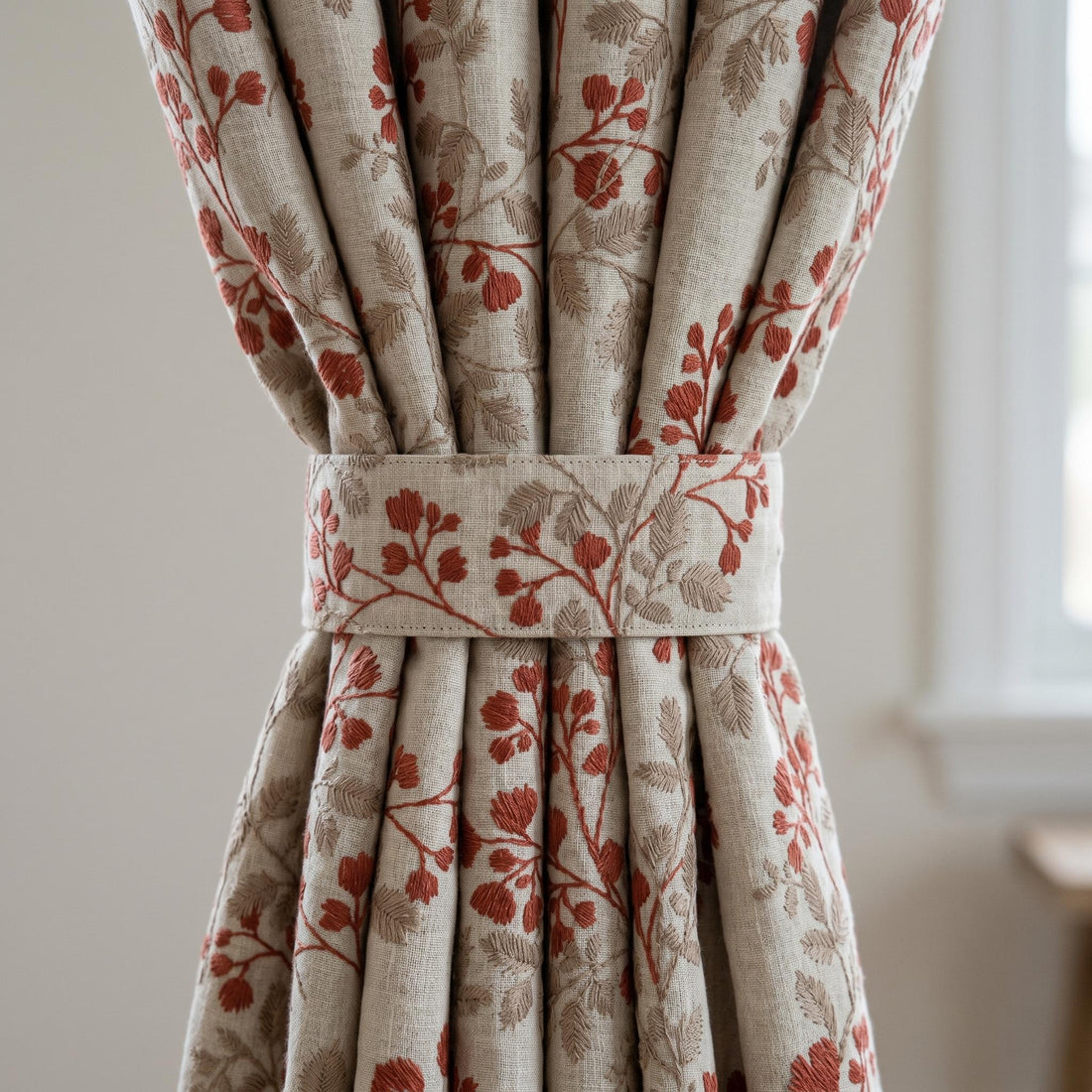 Natural Oatmeal Linen Curtains, Rust Red Beige Botanical Embroidered Drapes, Blackout or Cotton Lined Custom Panels — image 1