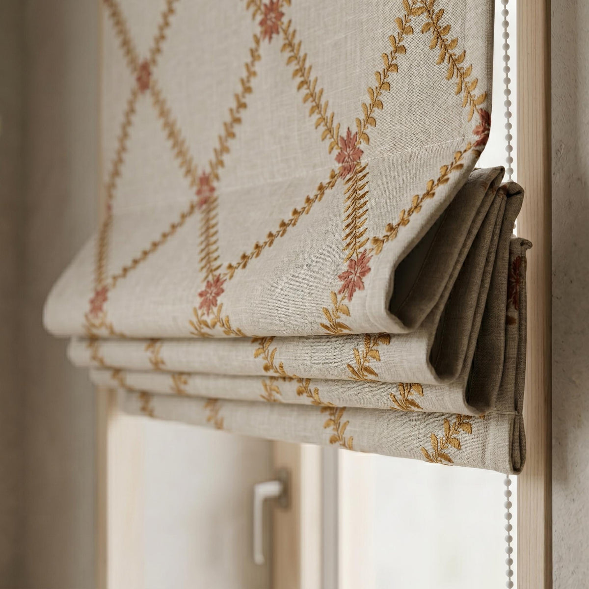 Natural Oatmeal Linen Roman Shade, Mustard Gold Fern Vine Embroidered Blind, Custom Corded Blackout Cotton Lined — image 8