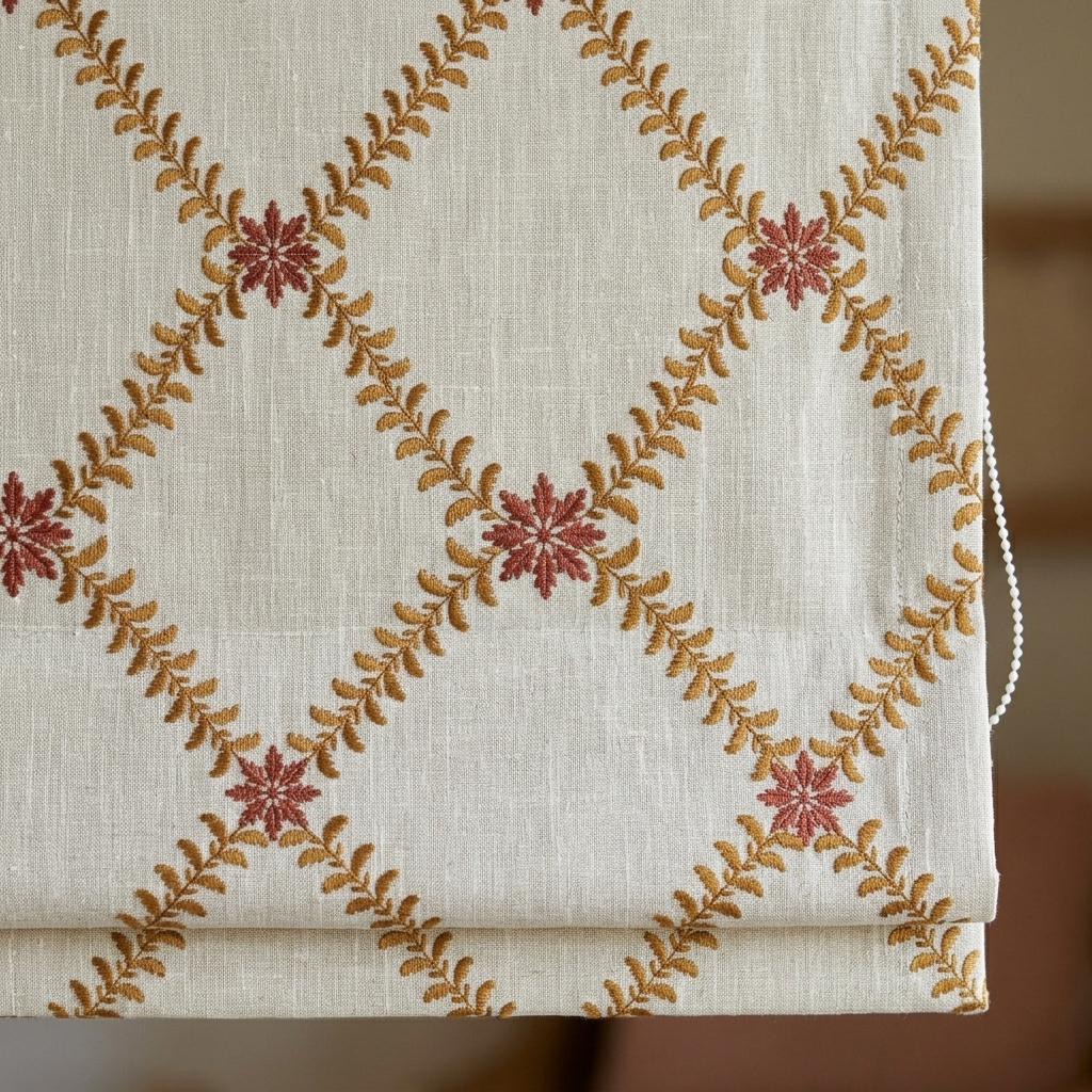 Natural Oatmeal Linen Roman Shade, Mustard Gold Fern Vine Embroidered Blind, Custom Corded Blackout Cotton Lined — image 3