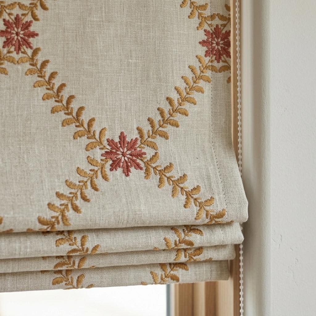 Natural Oatmeal Linen Roman Shade, Mustard Gold Fern Vine Embroidered Blind, Custom Corded Blackout Cotton Lined — image 9