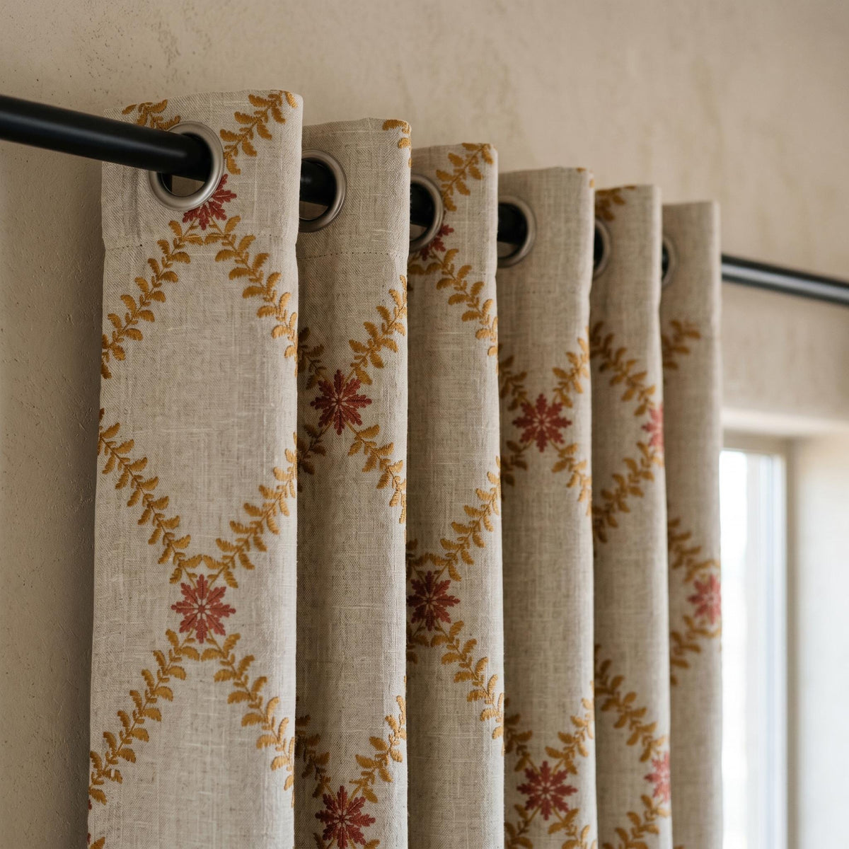Natural Oatmeal Linen Curtains, Mustard Leaf Vine Embroidered Drapes, Terracotta Floral Blackout or Cotton Lined Panels — image 7