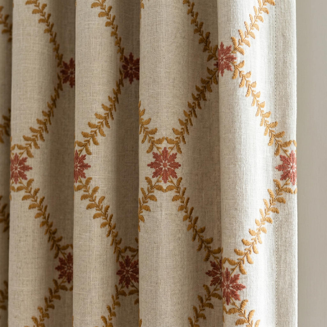 Natural Oatmeal Linen Curtains, Mustard Leaf Vine Embroidered Drapes, Terracotta Floral Blackout or Cotton Lined Panels — image 1