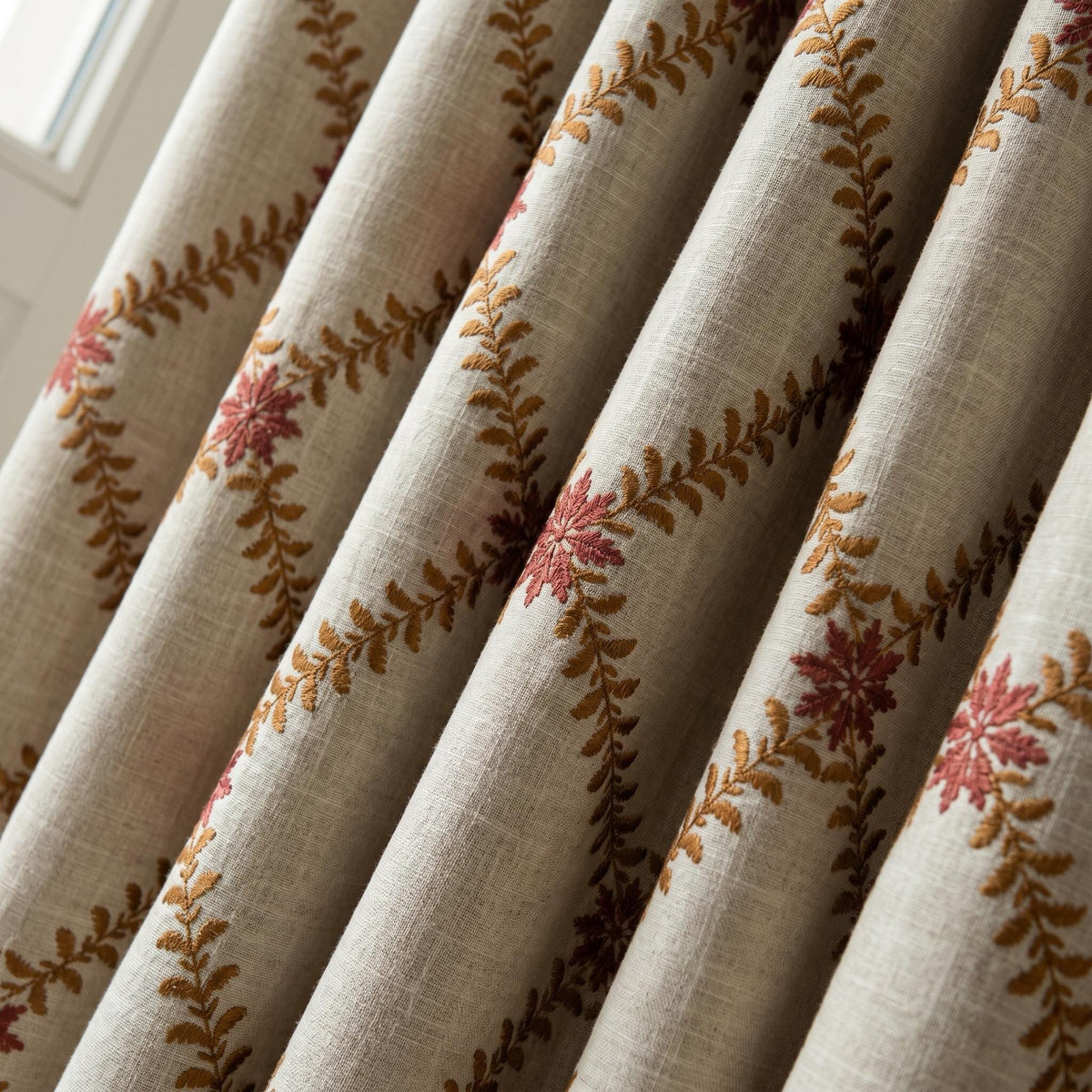 Natural Oatmeal Linen Curtains, Mustard Leaf Vine Embroidered Drapes, Terracotta Floral Blackout or Cotton Lined Panels — image 5