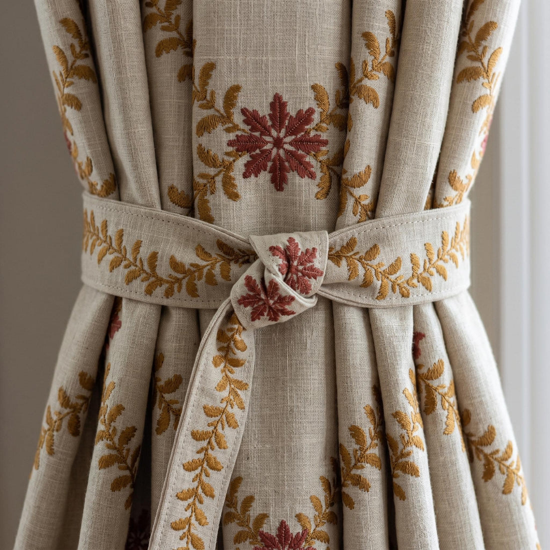 Natural Oatmeal Linen Curtains, Mustard Leaf Vine Embroidered Drapes, Terracotta Floral Blackout or Cotton Lined Panels — image 1