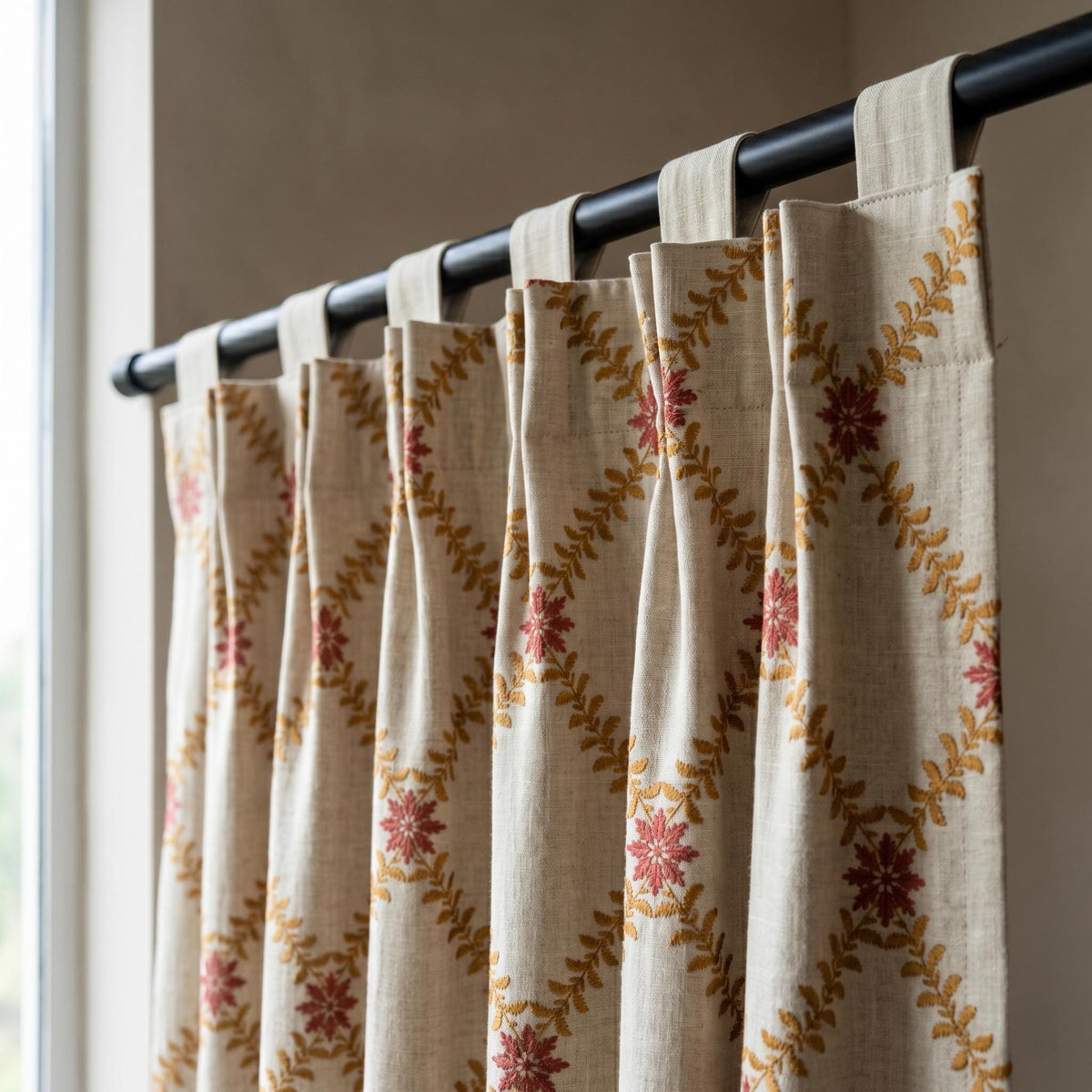 Natural Oatmeal Linen Curtains, Mustard Leaf Vine Embroidered Drapes, Terracotta Floral Blackout or Cotton Lined Panels — image 10